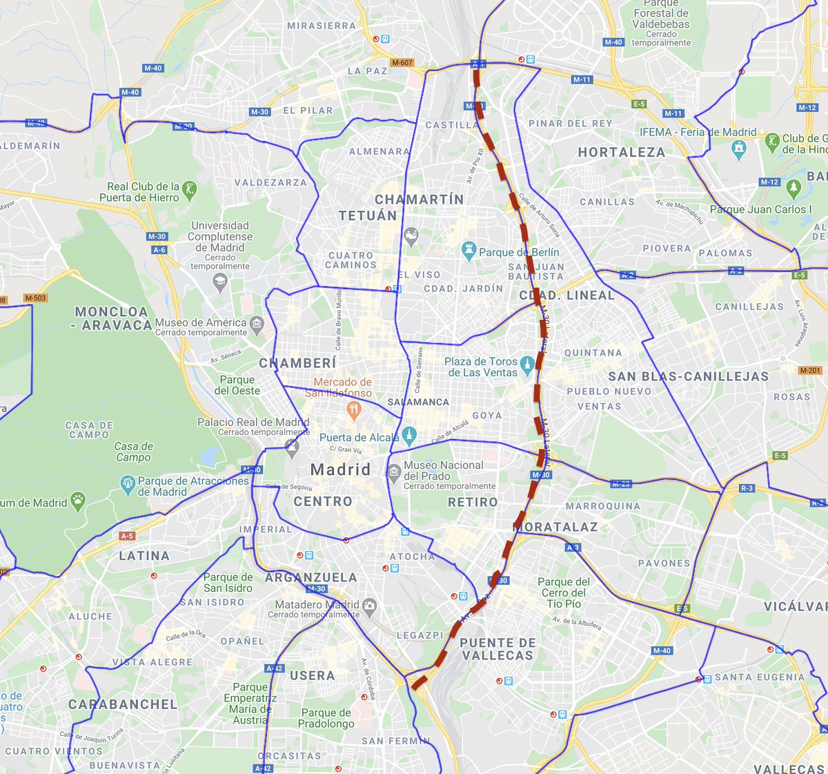 Pero claro, la M-30 discurre de forma "urbana" prácticamente en todo su recorrido ¿y qué pasa con el resto en superficie? pues que ahí sigue, constituyendo quizás la mayor barrera que aún tiene Madrid. No en vano es el límite de hasta 9 distritos: