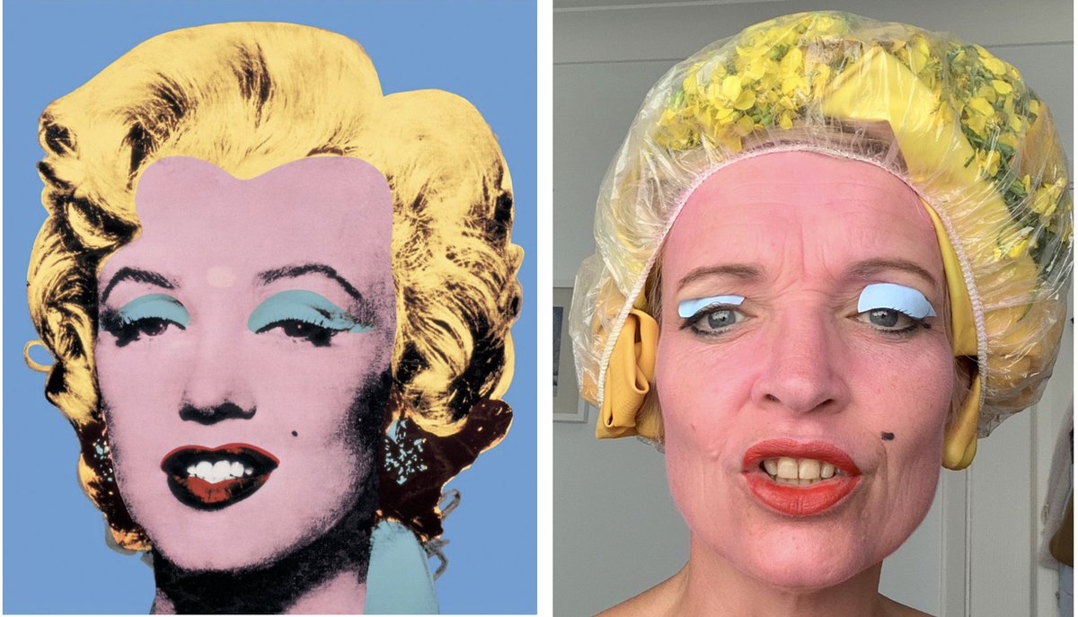 Day 45 of the #betweenartandquarantine #tussenkunstenquarantine challenge and its’s Warhol

That is a shower cap stuffed with flowers and a pair of rubber gloves 😳😂

Eyeshadow is part of the Amstel River from my tourist map of Amsterdam 😁

My best <a href="/Dior/">Dior</a> Rosy Glow blusher 😱