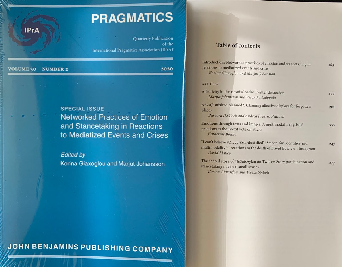 Korina Giaxoglou (@anthrostream) on Twitter photo Really pleased for this hardcopy of our @Pragmatics special issue with M. Johansson and including papers from Johansson & <a href="/VeroLaippala/">Veronika Laippala</a>, <a href="/BarbaraDeCock/">Barbara De Cock</a> & @PizzaroPedraza, @CatherineBouko , <a href="/DavidMatley/">David Matley</a>, & myself & <a href="/terezaspilioti/">tereza spilioti</a>. Thanks everyone for being part of this! Really pleased for this hardcopy of our @Pragmatics special issue with M. Johansson and including papers from Johansson & <a href="/VeroLaippala/">Veronika Laippala</a>, <a href="/BarbaraDeCock/">Barbara De Cock</a> & @PizzaroPedraza, @CatherineBouko , <a href="/DavidMatley/">David Matley</a>, & myself & <a href="/terezaspilioti/">tereza spilioti</a>. Thanks everyone for being part of this!
