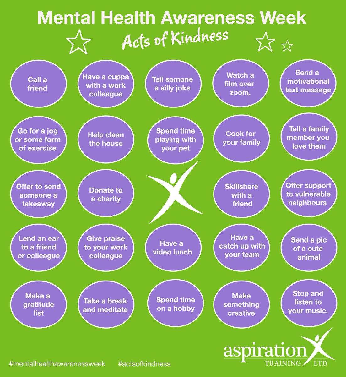 Aspiration_Ltd's tweet photo. Here are some simple acts of kindness you can do to look out for your own and someone else's mental wellbeing.

Over the coming bank holiday weekend - how many can you tick off?

Be kind and stay safe. 

#mentalhealthawarenessweek #actsofkindness https://t.co/y1gCVn9vsO
