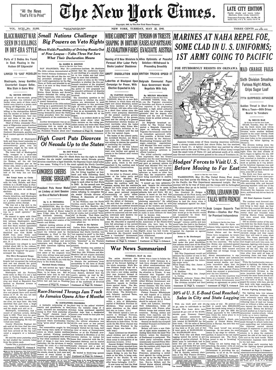 May 22, 1945: Marines at Naha Repel Foe, Some Clad in U.S. Uniforms; 1st Army Going to Pacific  https://nyti.ms/2ZqTNn1 