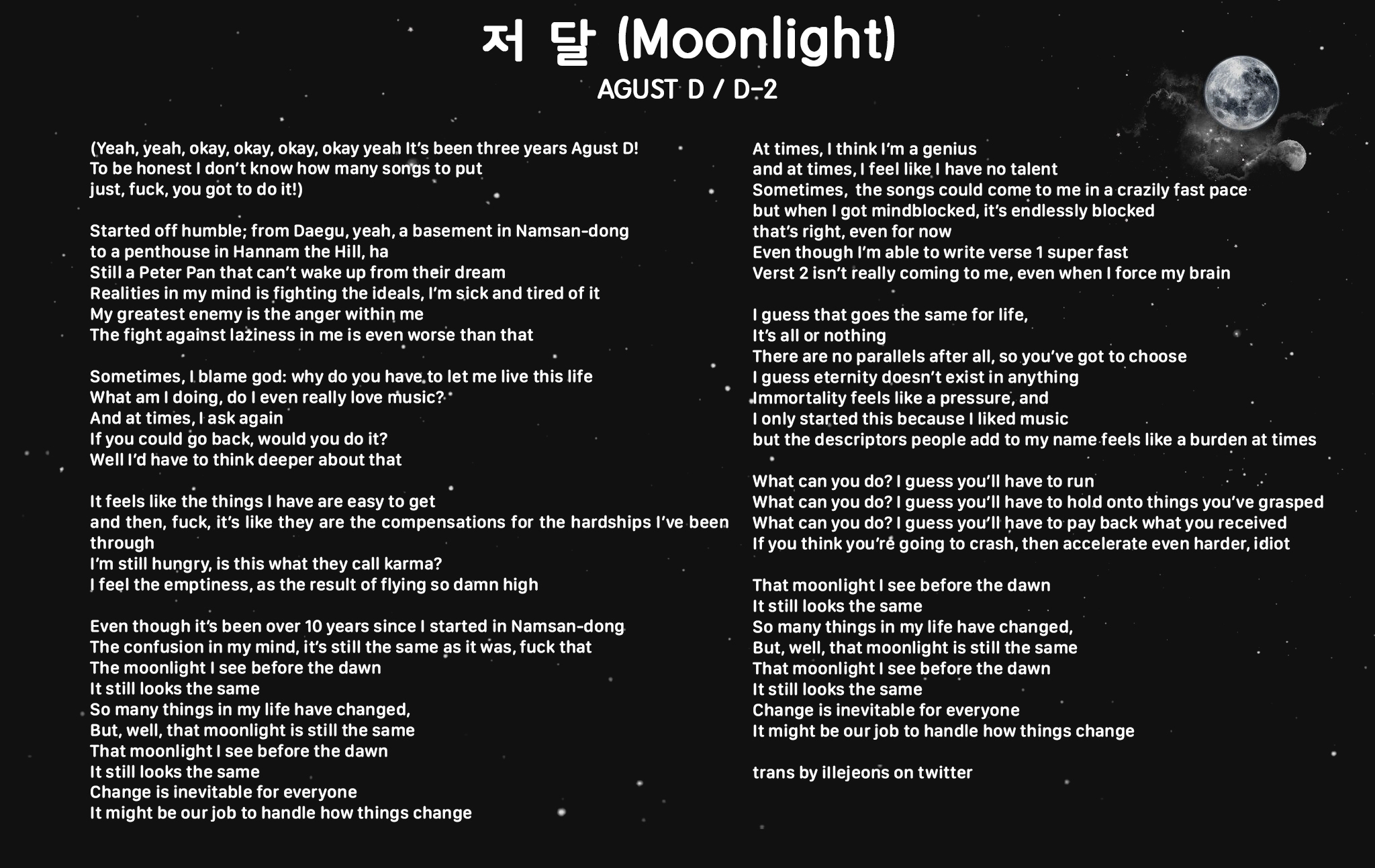 AGUST D - Moonlight lyrics translations"change is inevitable for every...