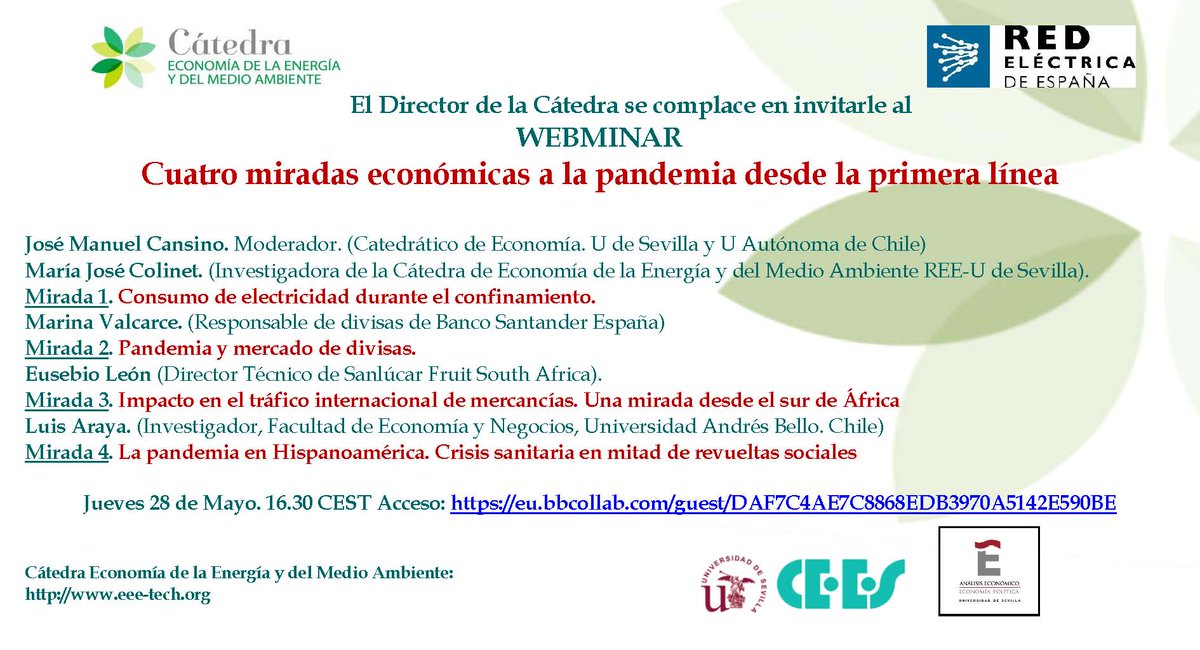 CeesDoctorado's tweet photo. Adjuntamos información sobre la próxima actividad WEBMINAR "Cuatro miradas
económicas a la pandemia desde la primera línea" que se celebrará el
próximo jueves 28 de mayo.
Podrá solicitar certificados de la actividad en el email: jmcansino@us.es https://t.co/HvPDszkCGx