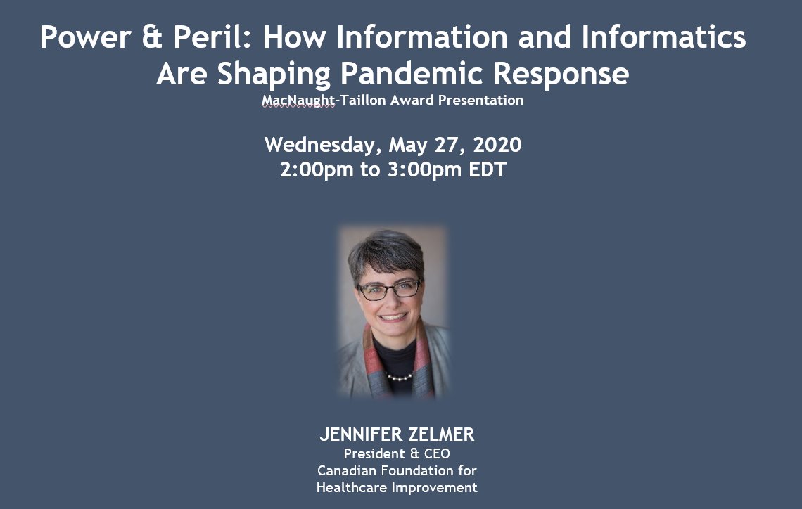 Dr. J. Zelmer, explores idea that while #PPE is visible symbol of pandemic response, information &amp; informatics are less visible, but equally imp elements of effective public health action for #HCPs. We will discuss how these impact transition phase of #COVID19Canada #VCAHSPR2020