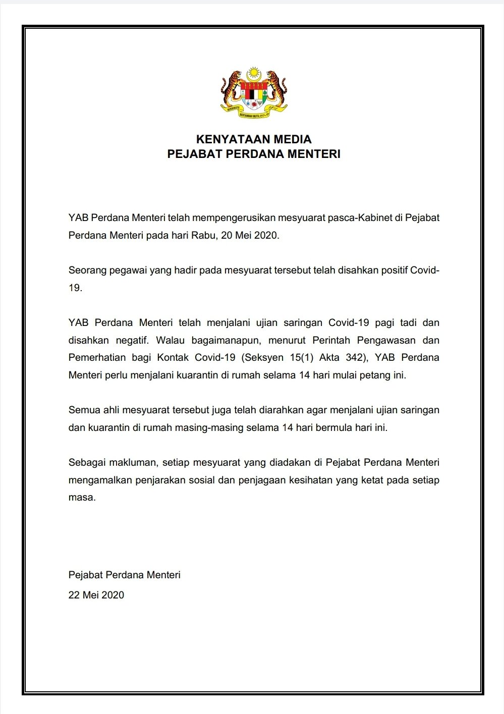 Kenyataan media pejabat perdana menteri