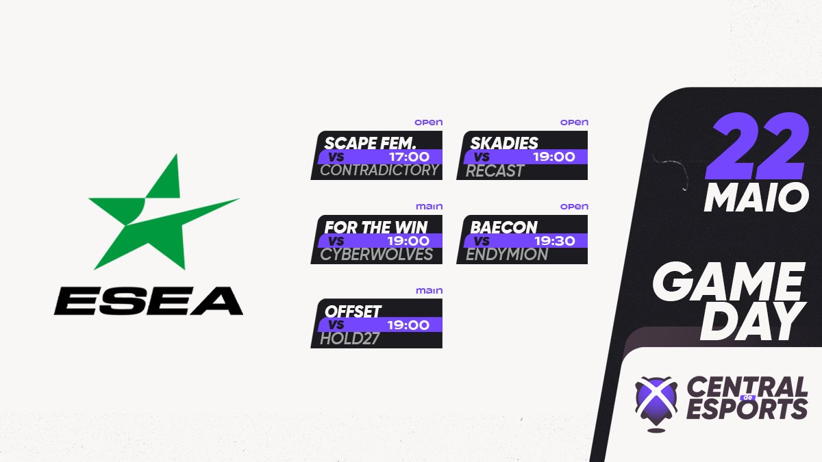 CentralDEsports's tweet photo. HOJE na ๐ @ESEA:
17h00
๐ต๐น๐ช๐บ @ScapeEsports.Female vs #CoNtradictory ๐ฌ๐ง
19h00
๐ต๐น @ftwesports vs #Cyberwolves ๐ต๐ฑ
๐ต๐น @Offset_Esports vs #Hold27 ๐ฉ๐ช
๐ณ๐ด๐ต๐น #Skadies @skadegg vs @gaming_recast ๐ฉ๐ช
19h30
๐ต๐น๐ง๐ท @BaeconGG vs #Endymion ๐ฌ๐ง
๐ https://t.co/r4X07wvVwl
#CDEgameday https://t.co/qTw3WCwZwJ