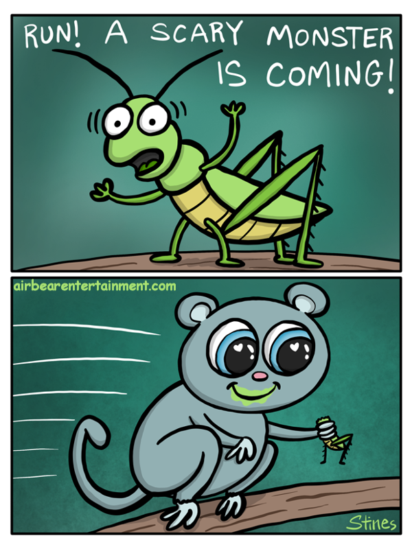 Here is my Sunday strip a couple days early.  It is called "Monster."

#comic  #comics  #webcomic  #webcomics  #tarsier  #grasshopper  #monstermayi  #gravedanger