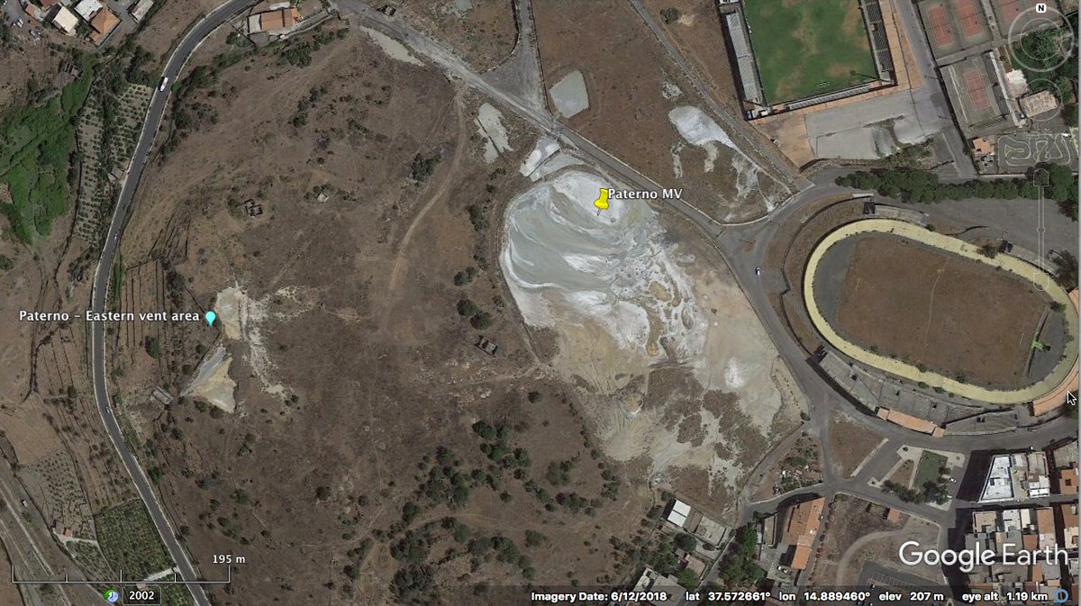 The Paternò mud volcano is located right on the NW edge of the large town of Paternò in eastern Sicily, and ~21km south of the summit of Etna. https://goo.gl/maps/gF3qJsw2dWnZ3kRaAThe MV is on a small hill, right next to a velodrome named for this ‘Salinelle’