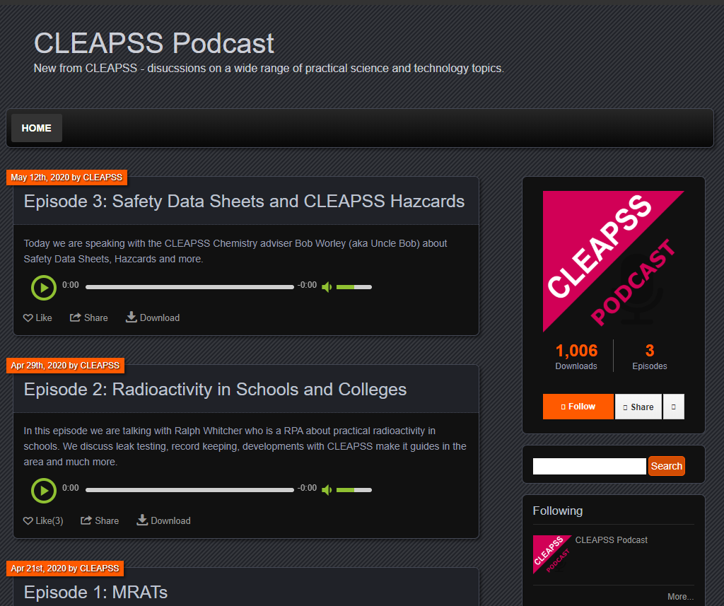 Just three episodes in it is very pleasing to see over a thousand downloads of our podcasts. These are now available on the Apple Podcast app.

Find them here or search your podcast app.

cleapss.podbean.com