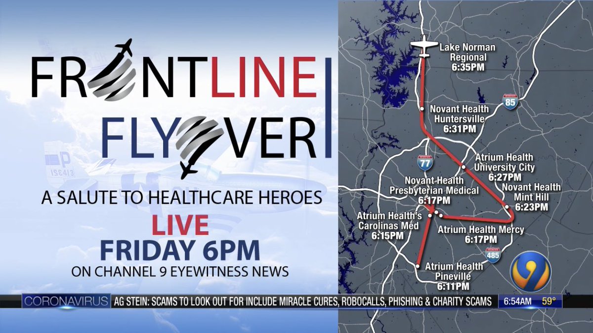 BrittneyNBC5's tweet photo. TONIGHT at 6, take a moment and look up at the sky as @wsoctv partners with the Bandit Flight Team to salute our healthcare workers. Hereโs the routeโ-> https://t.co/GXPLL5I8ed