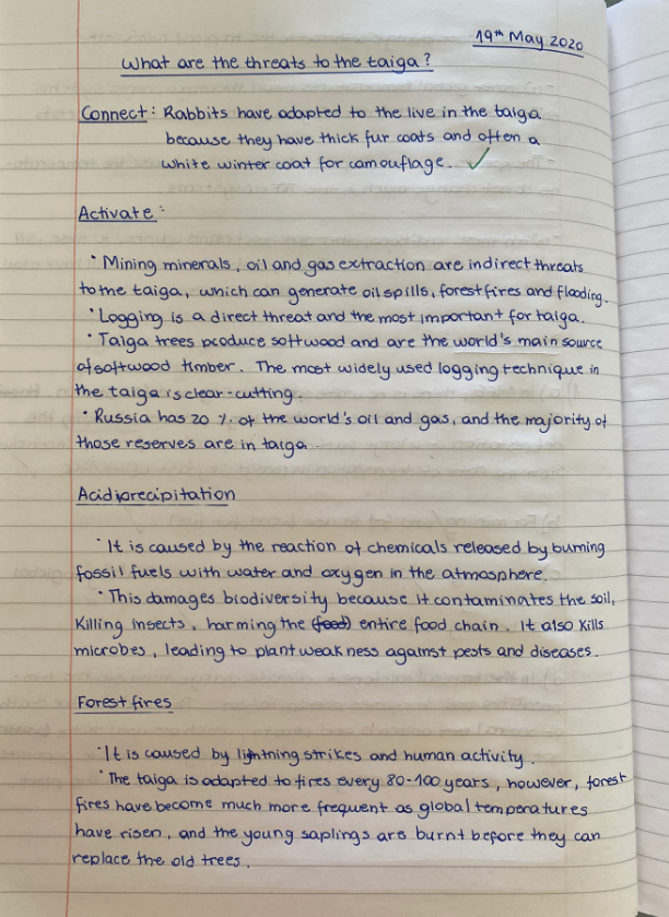 GeogHurlingham's tweet photo. Great work from Year 9 about the threats to the tiaga biome. Well done to Danna 9H and Isadora 9R, for their excellent detail! @TheHurlinghamAc #homelearning #studentwork #Year9 #Ecoystems https://t.co/t5Vo0bNZ7B