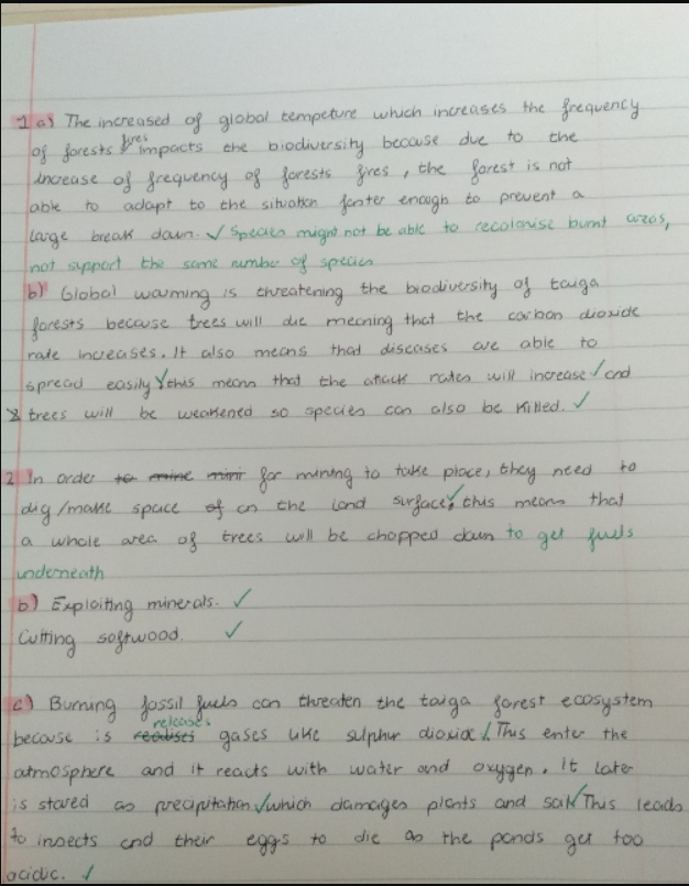 GeogHurlingham's tweet photo. Great work from Year 9 about the threats to the tiaga biome. Well done to Danna 9H and Isadora 9R, for their excellent detail! @TheHurlinghamAc #homelearning #studentwork #Year9 #Ecoystems https://t.co/t5Vo0bNZ7B