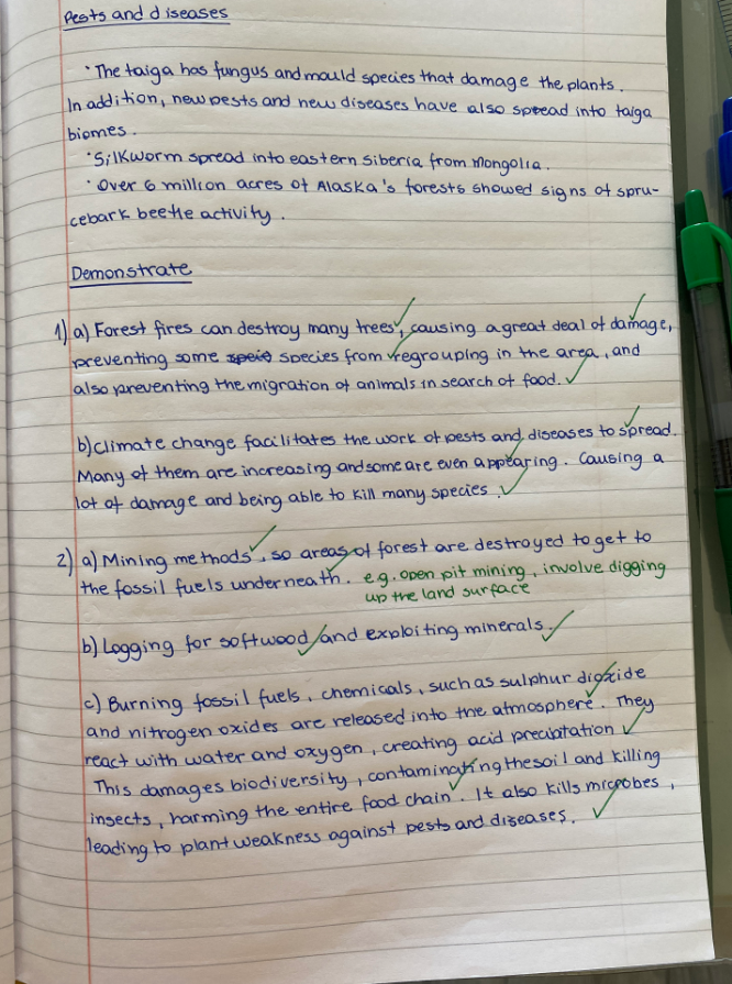 GeogHurlingham's tweet photo. Great work from Year 9 about the threats to the tiaga biome. Well done to Danna 9H and Isadora 9R, for their excellent detail! @TheHurlinghamAc #homelearning #studentwork #Year9 #Ecoystems https://t.co/t5Vo0bNZ7B