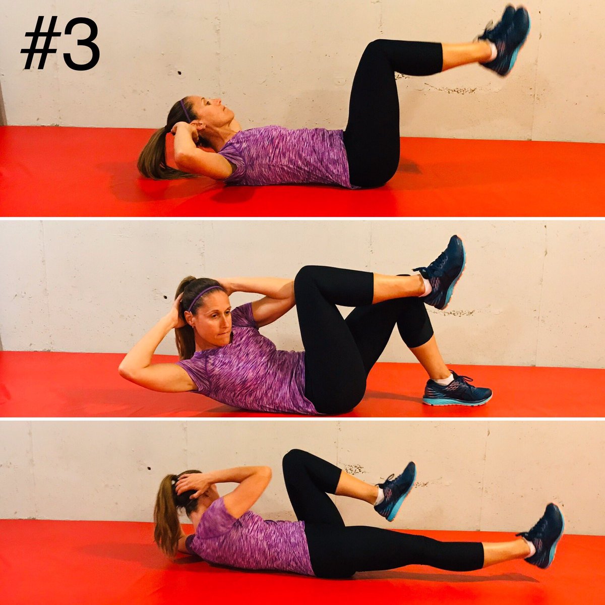 Bicycle Crunches: #1 &amp; #2: Flex your knees &amp; keep one foot on the ground to build up strength &amp; stability in the core before moving on to the full version. #3: Stay in a controlled manner with elbow to opposite knee. <a href="/tdsb/">Toronto District School Board</a> #tdsbWellness