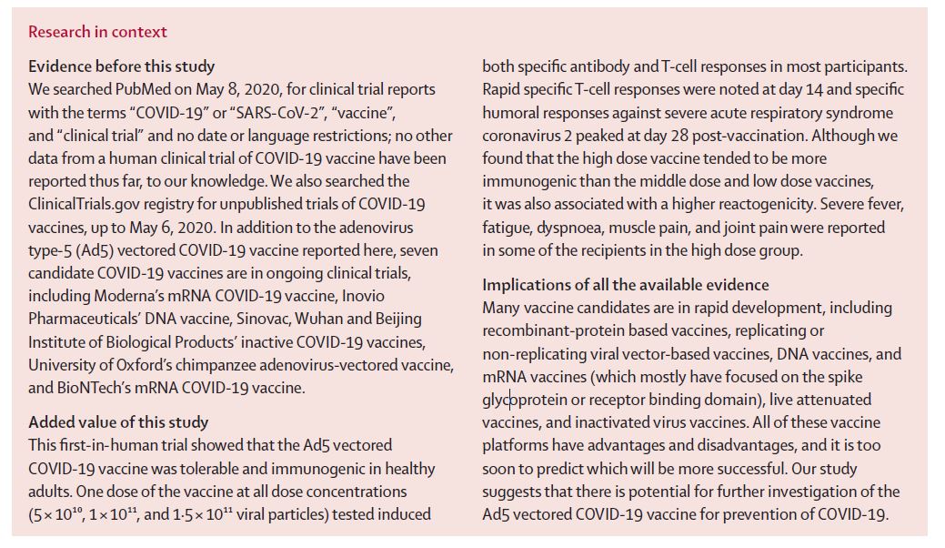 NEW Research—First human trial of  #COVID19 vaccine finds it is safe and induces rapid immune response: finding from a dose-escalation, single-centre, open-label, non-randomised, phase 1 trial  https://hubs.ly/H0qMrl-0  Thread (1/3)