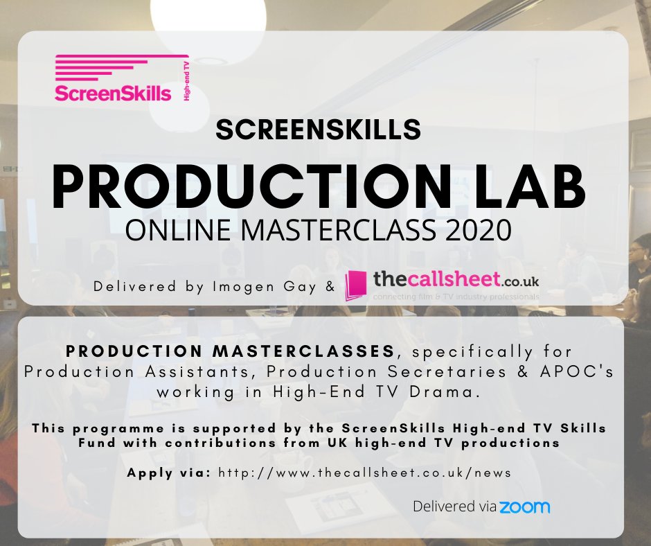 thecallsheet's tweet photo. The guest speakers for @UKScreenSkills high-end TV Production Masterclass are great this year, and you won’t have to travel to hear them.

Places are limited and the applications close on the 29th May:  https://t.co/FrlvyEQ5TS https://t.co/BYxBDB2Pqd
