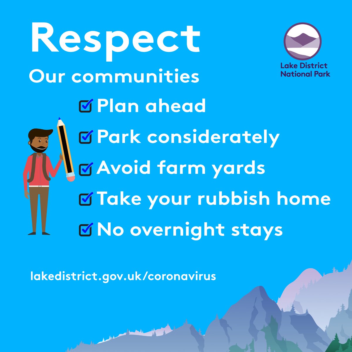 Thank you for respecting our communities. If you're planning on visiting the #LakeDistrict, please:
🗓️Plan ahead
🚗Park considerably 
🚜Avoid farm yards
♻️Take your rubbish home
🏨No overnight stays
Find out more here bit.ly/2Wl8feY