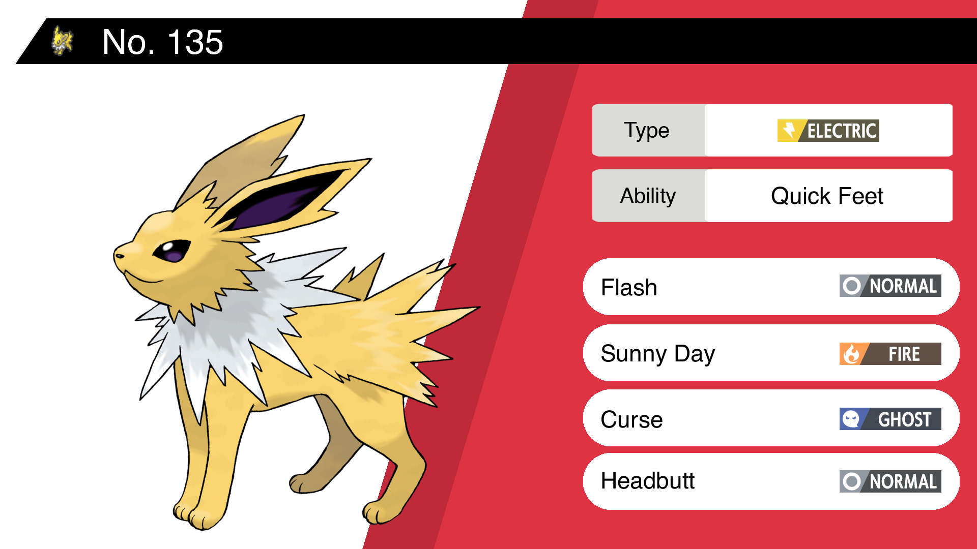 Opdatering volatilitet delikatesse Random Pokemon Bot på Twitter: "Jolteon Ability: Quick Feet Moves: Flash,  Sunny Day, Curse, Headbutt #pokemon #Jolteon https://t.co/mpsDHOtU9u" /  Twitter