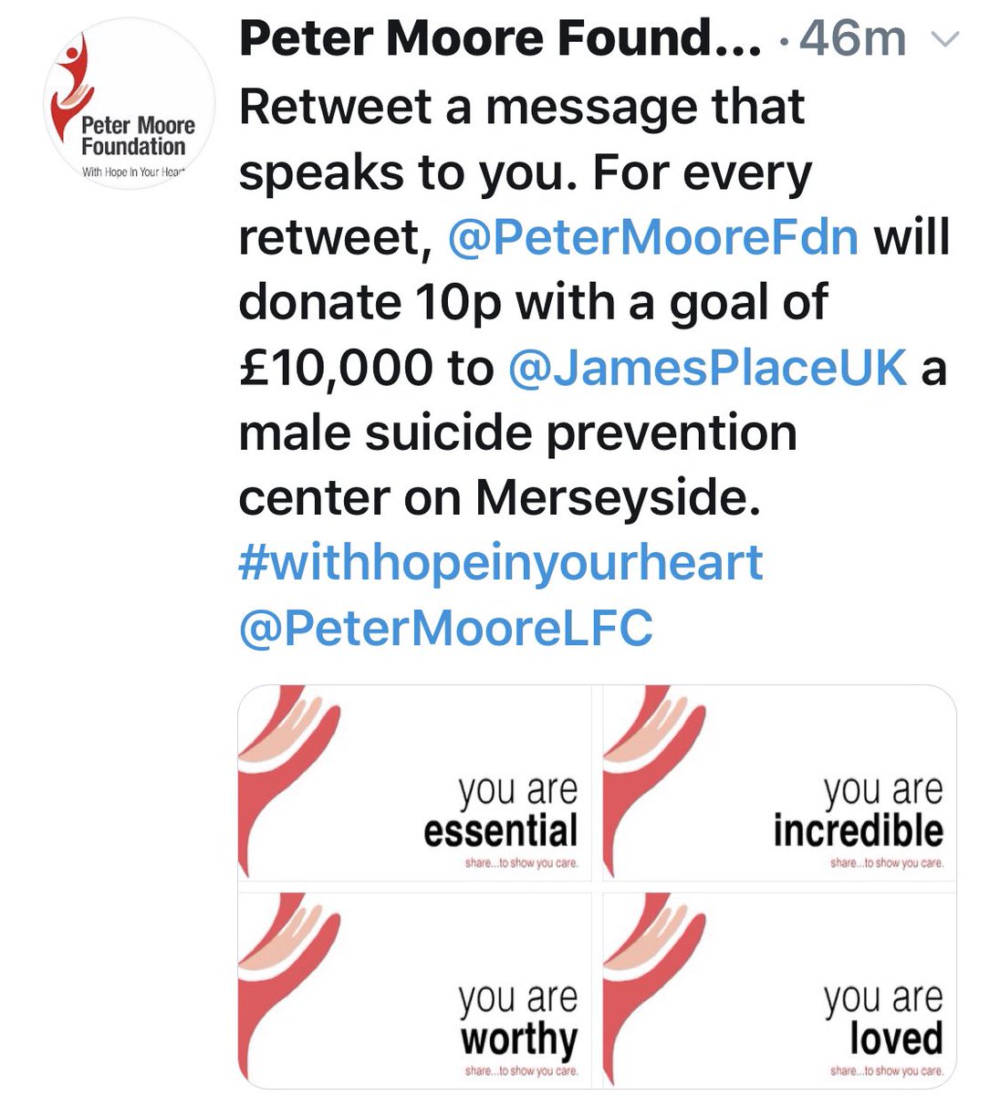PeteCityPrice's tweet photo. @PeterMooreFdn Important message - Please follow @petermoorefoundation and #RT supporting #jamesplace male suicide prevention in #merseyside @JamesPlaceUK https://t.co/Wi9BVEDE2h