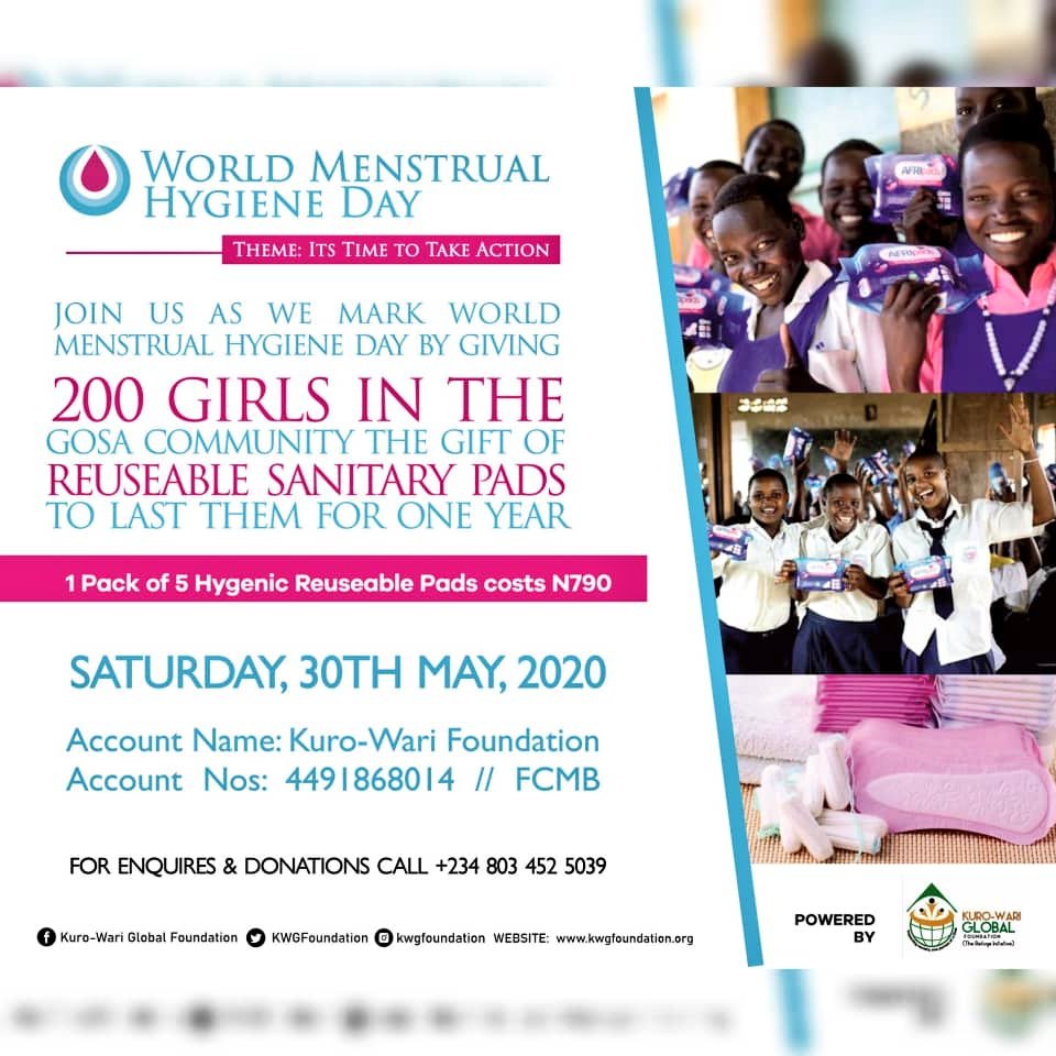 KWGFoundation's tweet photo. 8 days to go!!
Please join us as we mark World Menstrual Hygiene day by gifting  HYGIENIC Reusable sanitary pads to teenage girls in Gosa,Abuja.
30th May.

Can you help sponsor a girl today?(at the cost of 790 per pack).
Thanks. ♥️ https://t.co/0wyvO4yU4i