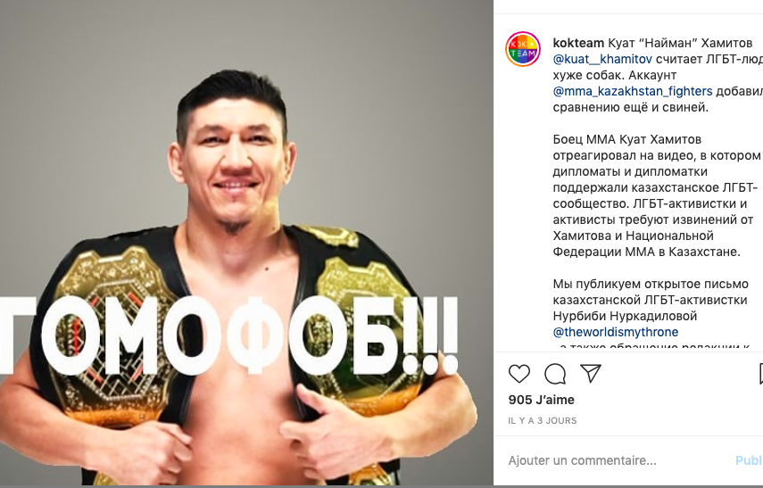 EuroLesbianCon's tweet photo. The lesbian community from Kazakhstan needs our help. 

Activist Nurbibi Nurkadilova wrote an open letter to denounce  the homophobia famous MMA fighter"Naiman" ( Khuat Khamitov).Now she and her girlfriend are threatened by fans of the athletes,urging to  "rape and kill" her. 1/4 https://t.co/RWOxZryB5g