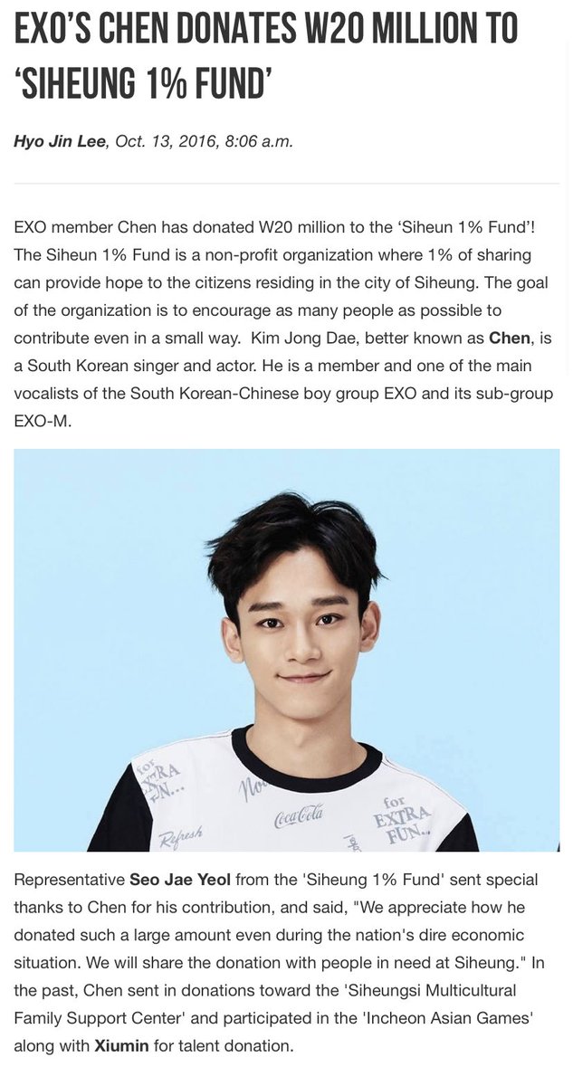 He donated 20,000,000 KRW to the 'Siheung 1% Fund', a non-profit organization where 1% of sharing provides hope to the citizens in Siheung. Representative from 'Siheung 1% Fund': We appreciate how he donated such a large amount even during the nation's dire economic situation.