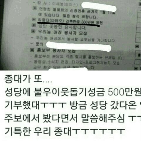 Chen: donated 3 million won for a charity event at a Catholic church. Later, he donated more and total was 5 million won.