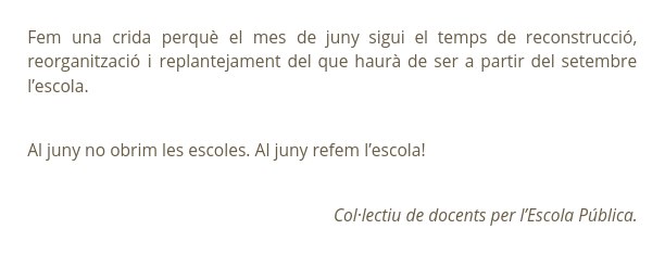 EmergEducativa's tweet photo. Comunicat #LesDocentsNoPodem amb la negativa d'obrir l'Escola al juny amb l'alumnat. https://t.co/4tFn2urQGt
