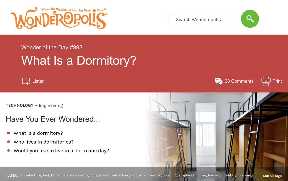 TeachwithALEX's tweet photo. Help your students learn more about college life by exploring the "What Is a Dormitory" video in @Wonderopolis!  This resource allows students to learn about life in a college dorm/residence hall. #InteractiveFriday #CollegeTalkForKids
https://t.co/OngncjQrRl https://t.co/MI4GwNdUfd