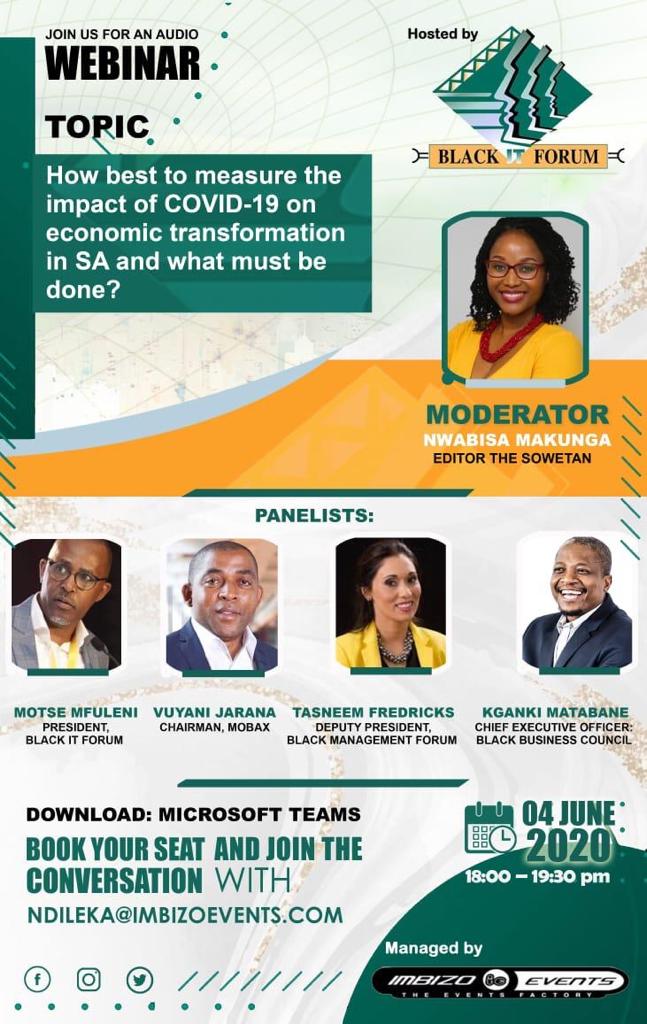 “Covid-19 has brought about a total destruction of our economy. We now, collectively, must respond to how we are going to rebuild and reposition this economy." Cyril Ramaphosa 
Book your seat to join the audio Webinar with and email: ndileka@imbizoevents.com or call 0418183004.
