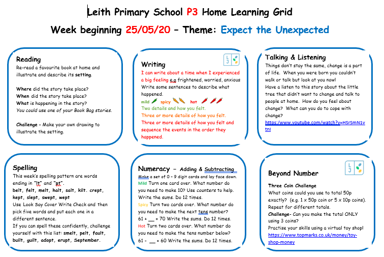 LeithP31's tweet photo. Hello P3! Here is your learning grid for next week. You'll also be able to find it with a little extra information on your OLJ later . We look forward to seeing what you have been doing.@Leith_Primary https://t.co/UXsSNXRPSL