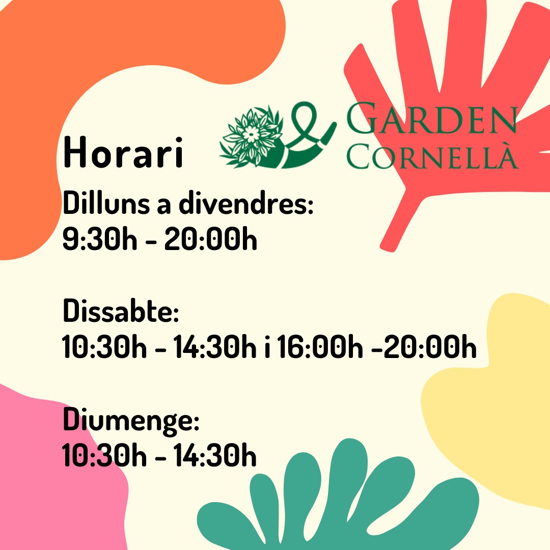 gardencornella's tweet photo. Aquest és l'horari en que ens trobaràs disponibles a Garden Cornellà! No t'oblides de demanar cita prèvia. Tlf. 934743450 https://t.co/ncjzUklCX2