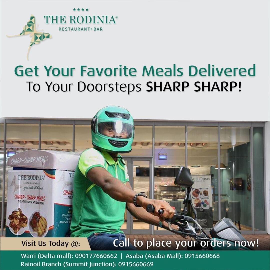TheRodinia's tweet photo. We deliver meals!!!  
☎️:
 +234 901 766 0662 - Warri mall
 +234 901 566 0669 - Rainoil branch (summit junction) 
+234 901 566 0668 - Asaba mall

#therodiniarestaurantandbar #deltastate #warri #food #asaba #lunch #staysafe #jollofrice #friedrice #lockdown2020 https://t.co/YrlQzA9tsZ