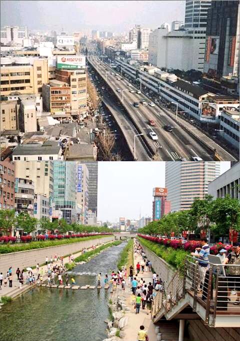 ¿Hay precedentes de una obra semejante? No en tamaño pero sí en forma. La recuperación del río Cheonggyecheon en Seúl (Corea) soterrado bajo una autovía que fue eliminada (¿os suena?). El resultado fue simplemente maravilloso: