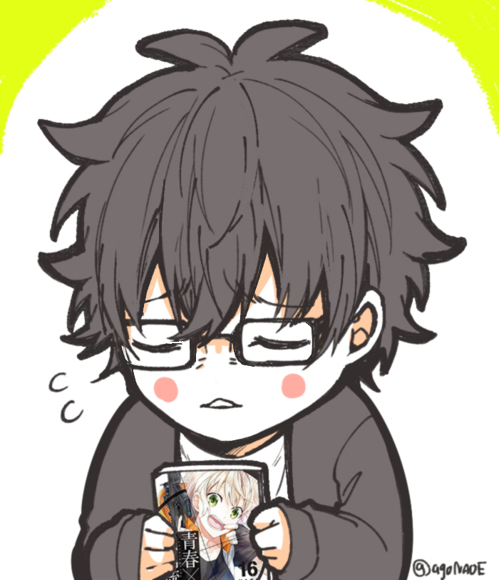 glasses blush stickers male focus 1boy black hair twitter username closed eyes  illustration images