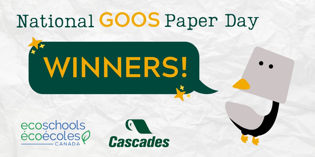EcoSchoolsCAN's tweet photo. (1/2) Announcing the winners of the National GOOS Paper Day Twitter contest! @mrs_stemmler from Central PS in Brantford, ON, @gelsp2013 from St John XXIII CS in Ottawa, ON, @Navjeetkaur84 from Grenoble PS in Brampton, ON; workplace prize to @HumberArb in Toronto, ON! https://t.co/Be2152anXD