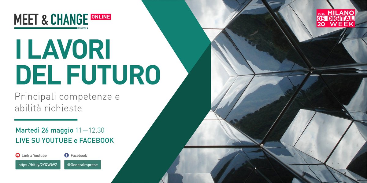 Il #lavoro declinato al futuro: come evolve e come cambiano le #competenze negli ambienti digitali. Con 3 testimonianze d'eccezione. Conferenza live su FB Genera. Programma bit.ly/3cT6LOk
➡️mart 26/5 ore 11.00 <a href="/MI_DigitalWeek/">Milano Digital Week</a> 
#MilanoDigitalWeek #MDW2020 #YesMilanoPeople