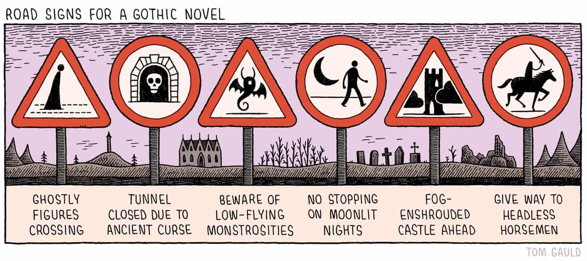 'Road signs for a Gothic novel.' Art by Tom Gauld (The Guardian). #WorldGothDay #Art