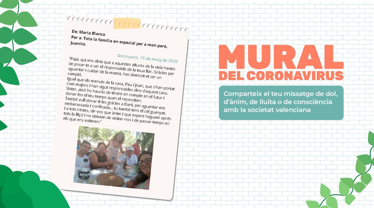 ❤️La família sempre està amb tu, però la crisi ha fet més visible el suport i el vincle que ens uneix. Així ho sent Maria, que ha volgut donar les gràcies a son pare.
✅#MuralDelCoronavirus Un espai lliure per a compartir els teus pensaments. T'escoltem!
➡️bit.ly/Mural_coronavi…