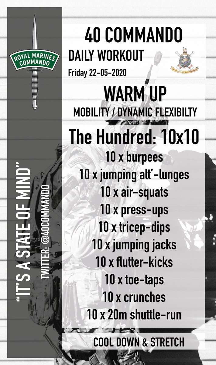 40commando's tweet photo. The weekend is around the corner but you still need to crack your phys - no relaxing yet!

This workout involves doing 10 sets 10 times, this can be done in one go or in 10 sets - up to you! Although, 100x burpees in one go could be pretty epic ...but possible for any bootneck! https://t.co/bv7DsfZuJr