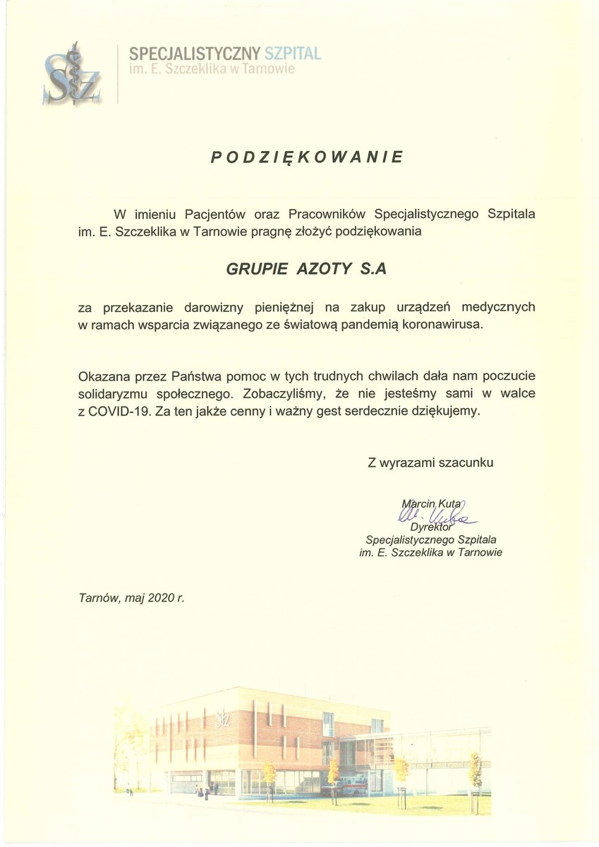 Otrzymaliśmy podziękowania od dyrektora Specjalistycznego Szpitala im. Edwarda Szczeklika w Tarnowie. Jest nam niezmiernie miło, że mogliśmy pomóc w tak trudnym dla wszystkich czasie. Dziękujemy za ciepłe słowa😊

#GrupaAzoty <a href="/MAPGOVPL/">Ministerstwo Aktywów Państwowych 🇵🇱</a> <a href="/SasinJacek/">Jacek Sasin</a> #KoronawirusWPolsce #COVIDー19