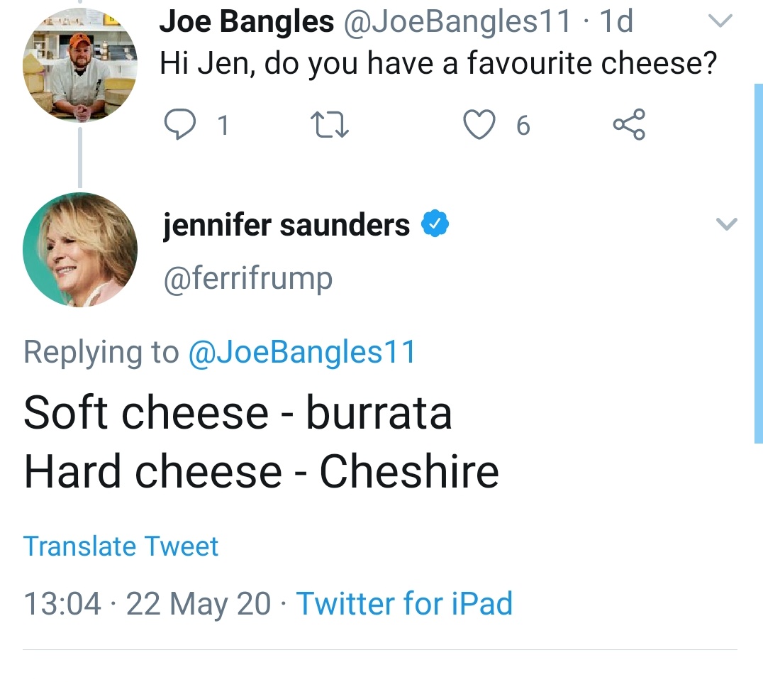 Thank you to the comedy legends that are  @Dawn_French and  @ferrifrump and also to  @Kristian_Walsh and  @cmclymer for your delectable cheesy replies! #FridayMotivation #FeelGoodFriday #cheese