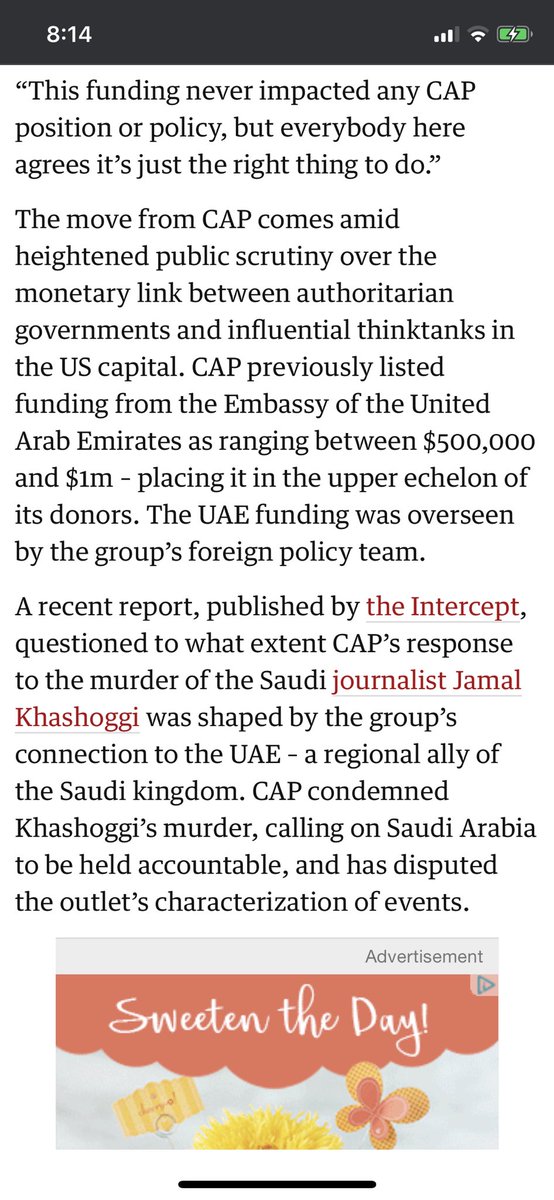 So why does she single me out when neither story I wrote about Reade is in question? (I reported she tried to get Time’s Up to help her, and found the Larry King call.) It’s not a coincidence that a story I broke last year cost her think tank millions from the UAE.