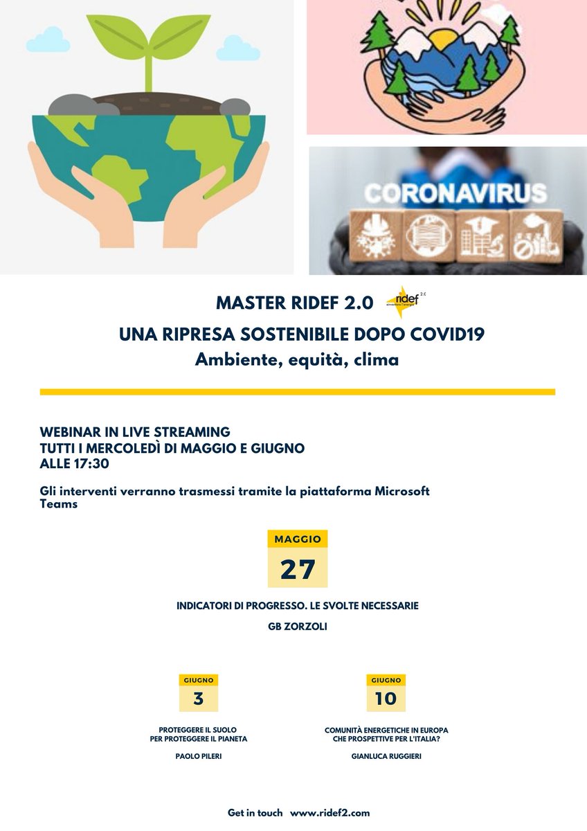 ⏰Mercoledì 27 maggio alle 17:30 quarto #webinar offerto da #MasterRidef in collaborazione con @EdAmbiente : 'Indicatori di progresso. Le svolte necessarie' di GB Zorzoli ➡️iscrizioni qui: ridef2.com/iscrizioni-all… ℹ️ prossimi eventi in programma: ridef2.com/conferenze-in-…