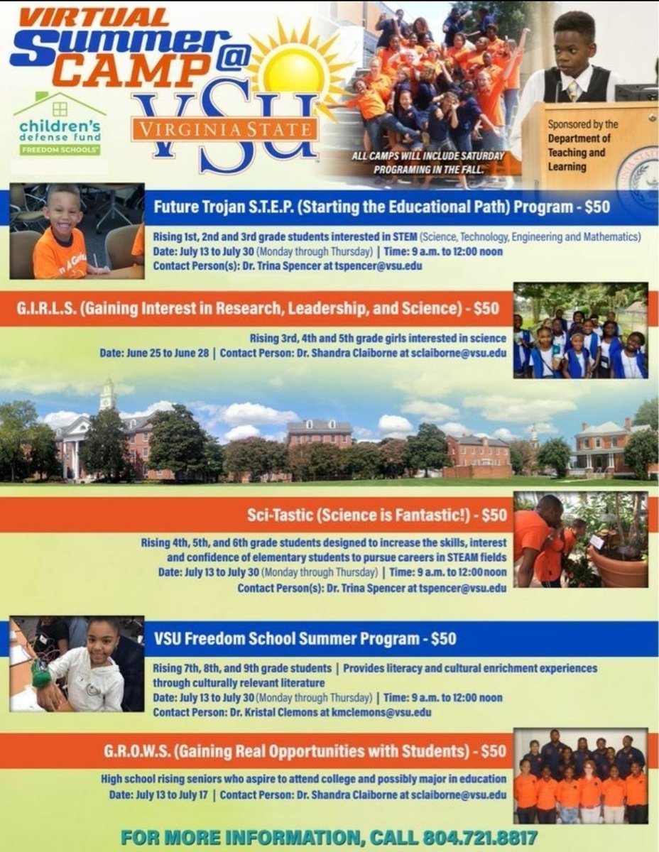 VSU to host Virtual Summer Camps. Please share with those who can benefit. <a href="/VSU_1882/">Virginia State University</a> <a href="/makolaabdullah/">Makola M. Abdullah</a>
