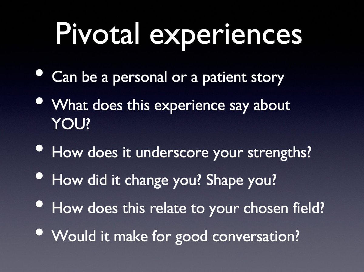16/ @gbosslet teaches us that the BEST personal statements have a narrative thread with: a beginninga middleand an end. But how do you pick WHICH story to tell? And what about pivotal experiences? Remember: It HAS to come back to YOU. Here’s a few things to think about.