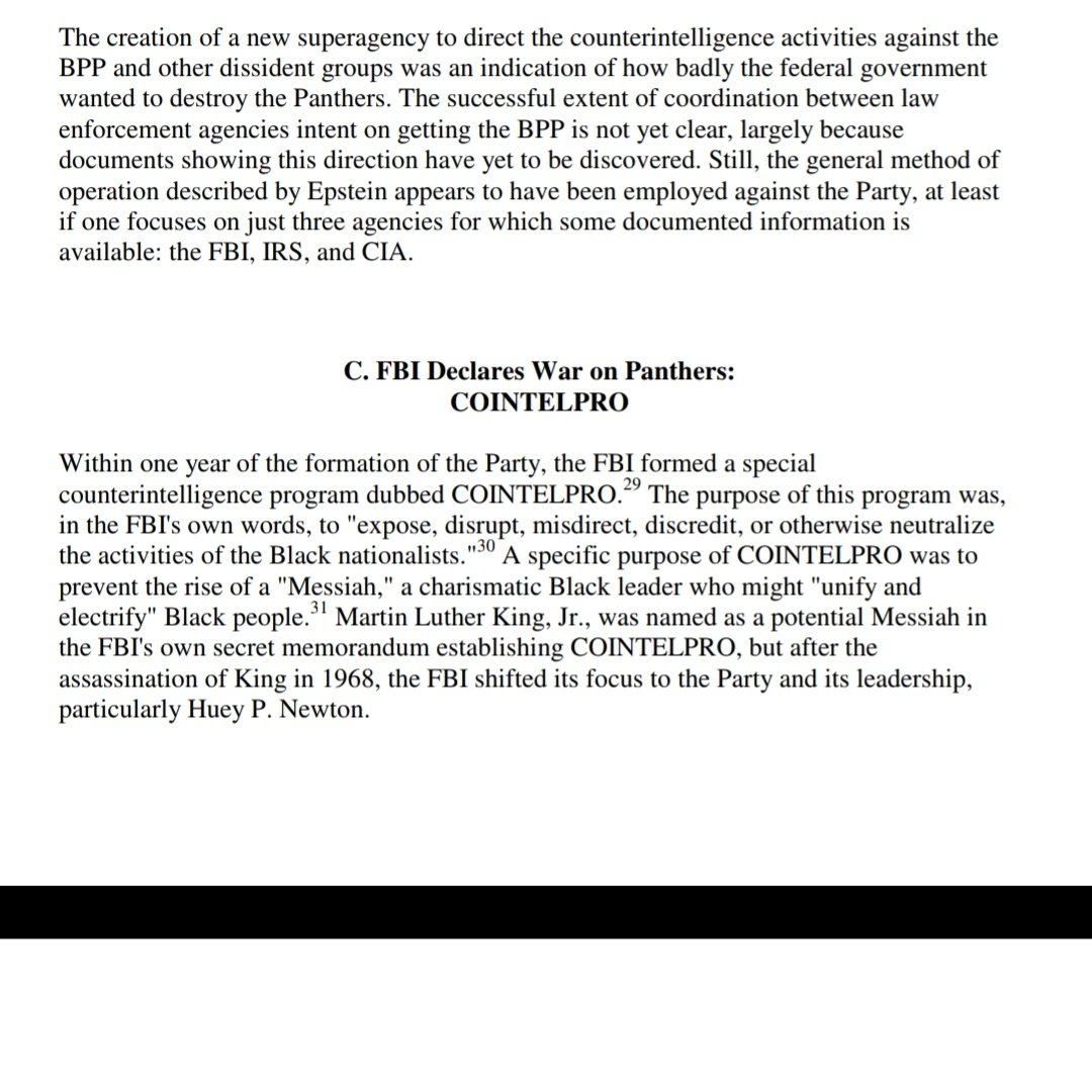 The FBI said they wanted to "expose, disrupt, misdirect, discredit, or otherwise neutralize the activities of the Black nationalists." and J. Edgar Hoover said the Black Panthers were "the greatest threat to the internal security of the country"