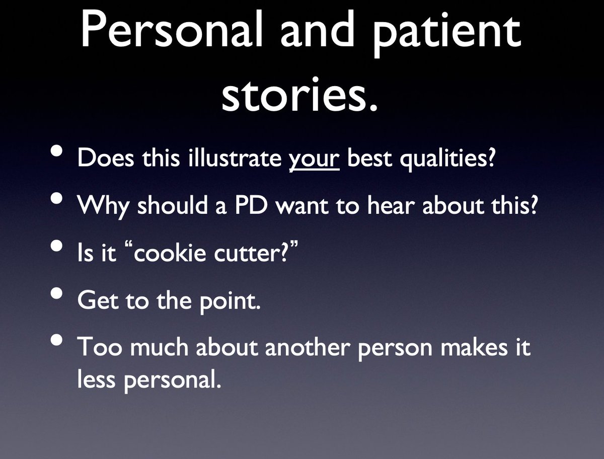 17/Of course, talking about a patient experience, family member, or personal hero is also tempting—and fine. . . but within reason. AGAIN: YOU and YOUR BECOMING are the main attraction. Remember Zöe's awesome example. Make sure the story underscores something about YOU.