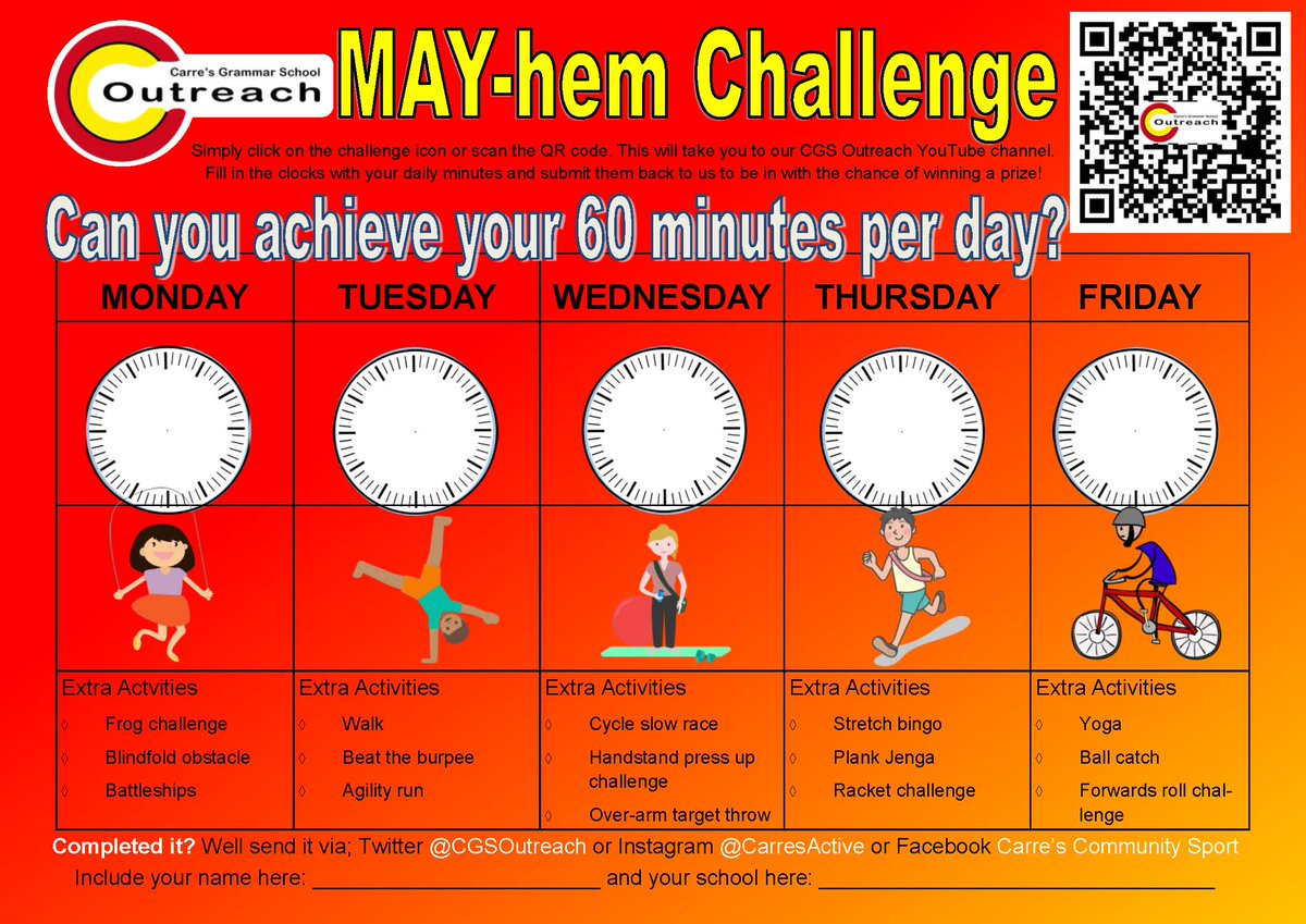 CGSOutreach's tweet photo. It's MAYHEM at the moment isnt it? So children, why not try and complete our MAY-hem challenge? 5 active days to get your 60 minutes per day. Get involved! #inspiredactivehealthy 
PDF version: https://t.co/GPSn9RBhHV
Send us your efforts and you could win a prize!!! https://t.co/tZa6Cy7DIV