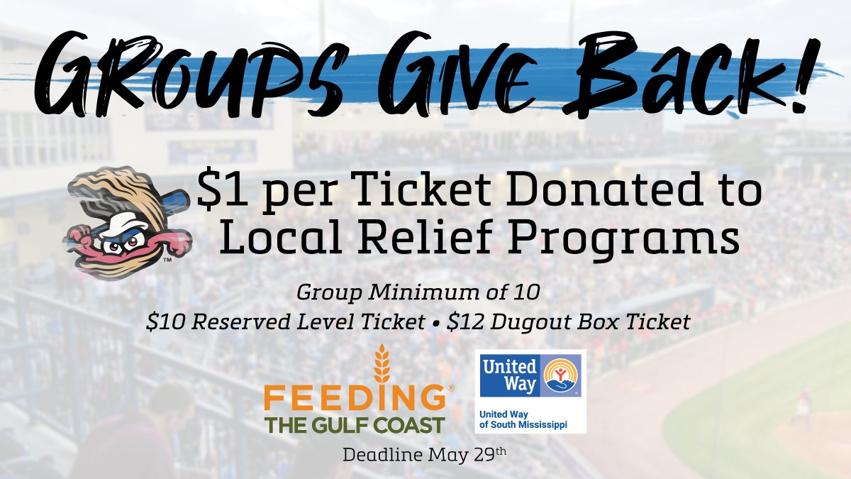 BiloxiShuckers's tweet photo. Take advantage of Groups Give Back before the deadline of May 29! Book a group of ten or more and $1 per ticket will be given back to @FeedingTheGulf and @UnitedWay_SM. 🎟: https://t.co/Qj12WuI2BO

#ShuckYeah 🦪 #GroupsGiveBack https://t.co/ceOWY7rpGo